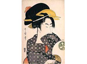 喜多川歌麿「扇子をもつ美人」・・・透き通る薄い着物も見事に再現