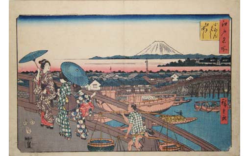  歌川広重「江戸名所　にほんばし江戸ばし」龍馬が千葉定吉の道場に通うために渡っていたであろう、江戸橋の図。龍馬が江戸にいた時に刊行されたものです。遠方に、日本橋、江戸城、富士山を望んでいます。