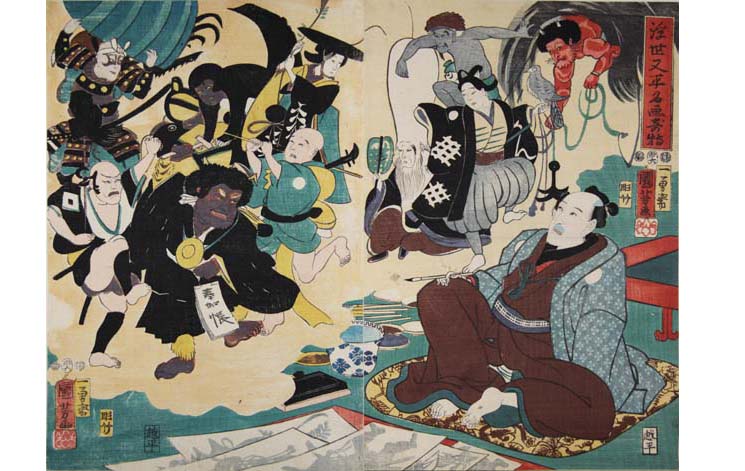 歌川国芳「浮世又平名画奇特」一見したところ、大津絵のキャラクターたちを歌舞伎役者の似顔絵で描いた戯画ですが、当時、黒船来航であわてふためいている将軍の姿を風刺しているのではなかろうかという噂がたちました。