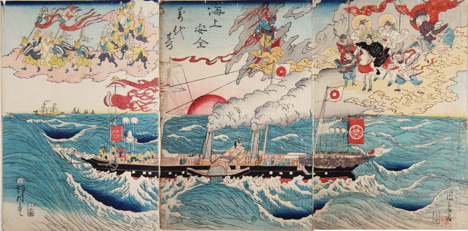  河鍋暁斎「海上安全万代寿」文久３年（1863）、京都に上洛した14代将軍徳川家茂は、順動丸という蒸気船に乗り江戸へと戻りました。本図は、神仏に守られながら、江戸へと向かう順動丸を描いたとされています。龍馬もこの順動丸には何度か乗船しています。