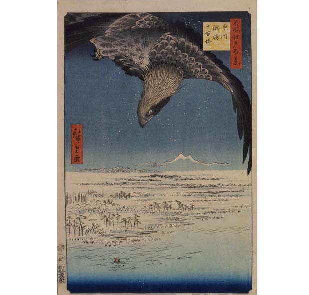 歌川広重「名所江戸百景　深川洲崎十万坪」降下する大鷲の眼下に広がる雪景色。遠くに見えるのは筑波山。