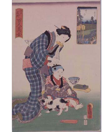三代歌川豊国「江戸名所百人美女・四谷」じゃれつこうとしたのか、猫は子供に押さえつけられてしまった。