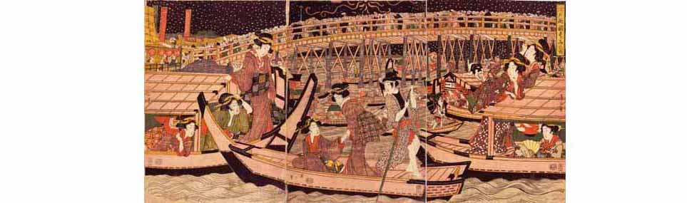 菊川英山「江戸両国すずみの図」蒸し暑い夜、涼を求めるたくさんの船が隅田川の上でひしめきあっている。
