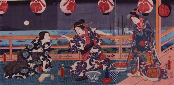 歌川国貞「十二月之内　文月　廿六夜待」茶店の二階で楽しく食事をしながら、明け方にのぼる月の出を待つ女性たち。