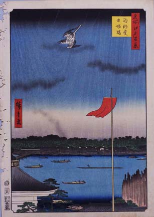 「名所江戸百景　駒形堂吾嬬橋」【後期展示】
「あてなしぼかし」で表現された雨雲に摺師の技が冴える。駒形とほととぎすの組み合わせは有名な遊女が詠んだ句にちなむ。