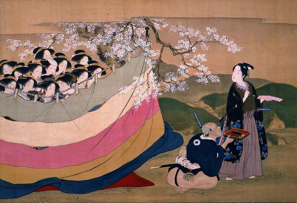 勝川春章「桜下詠歌の図」（前期展示）花の下で和歌を詠む、若く美しい男性に女性たちの熱い視線が注がれる。