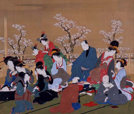 歌川豊広「観桜酒宴図」（後期展示）吉原遊郭の一場面。主人公は花魁とその隣に座る男性。