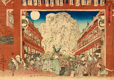 歌川国貞「北廓月の夜桜」（太田記念美術館蔵）前期展示