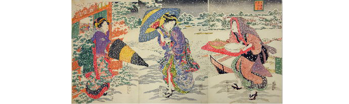 歌川国貞「玄徳風雪訪孔明見立」（日本浮世絵博物館蔵）後期展示